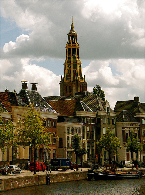 Church tower from the river in Groningen, Netherlands