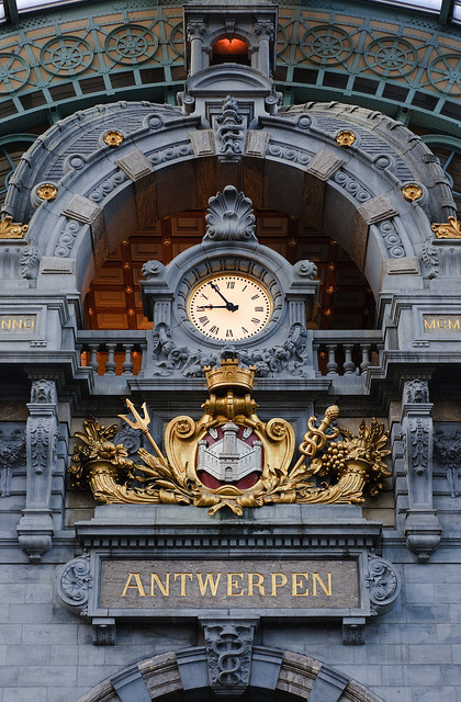 The clock at Antwerpen-Central Railway Station, Belgium