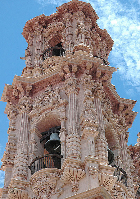 The baroque bell tower of Santa Prisca Church in Taxco, Mexico