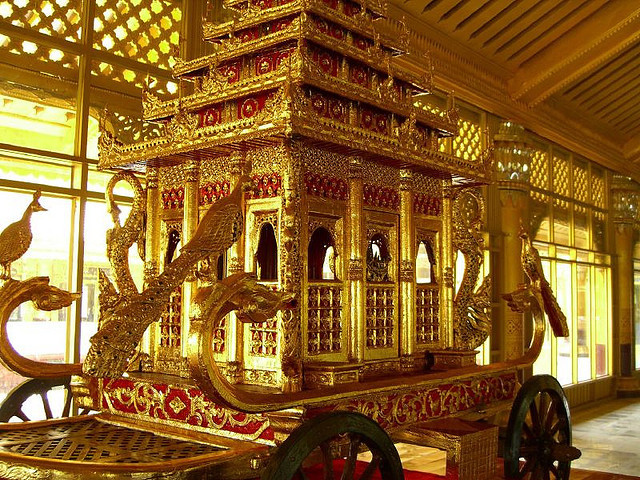The royal carriage in Kanbawthardi Golden Palace, Bago, Myanmar