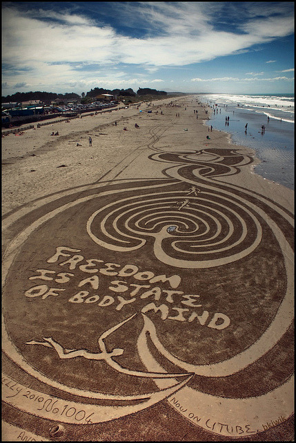Sand art on Brighton Beach, Christchurch, New Zealand