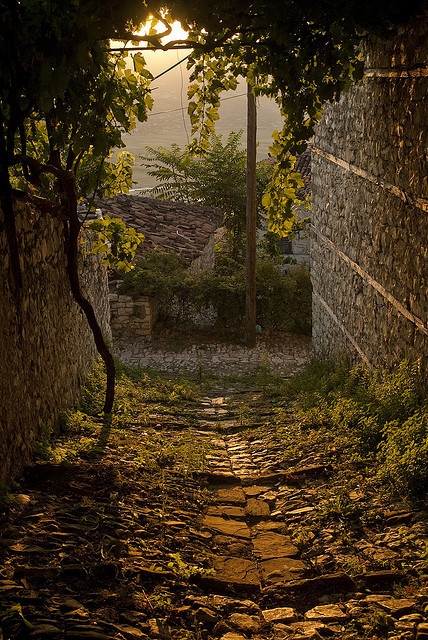 Sunset on the old narrow streets of Berat, Albania