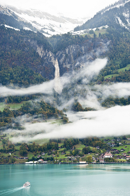 Morning fog on the shores of Lake Brienz, Switzerland