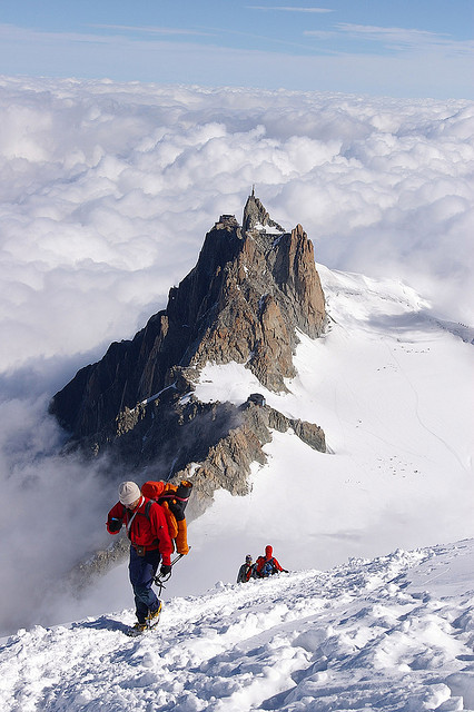 Mountaineers coming up from Aiguille du Midi near Chamonix, France