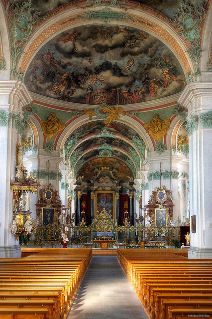 An interior view of the cathedral at St. Gallen Abbey, Switzerland