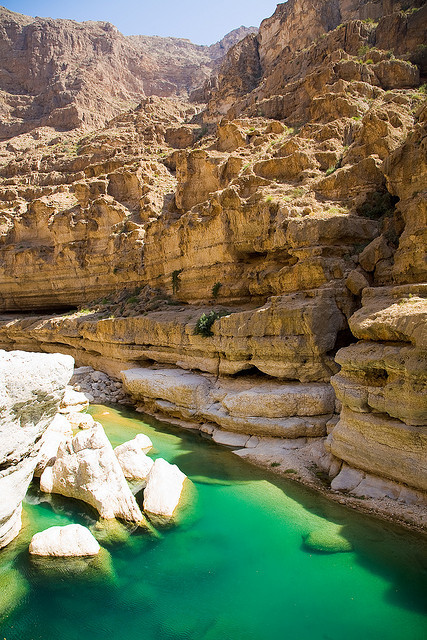 Emerald waters of Wadi Shab Oasis, Oman