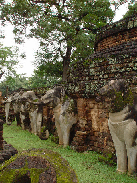 Elephants around chedi at Kamphaeng Phet Historical Park / Thailand